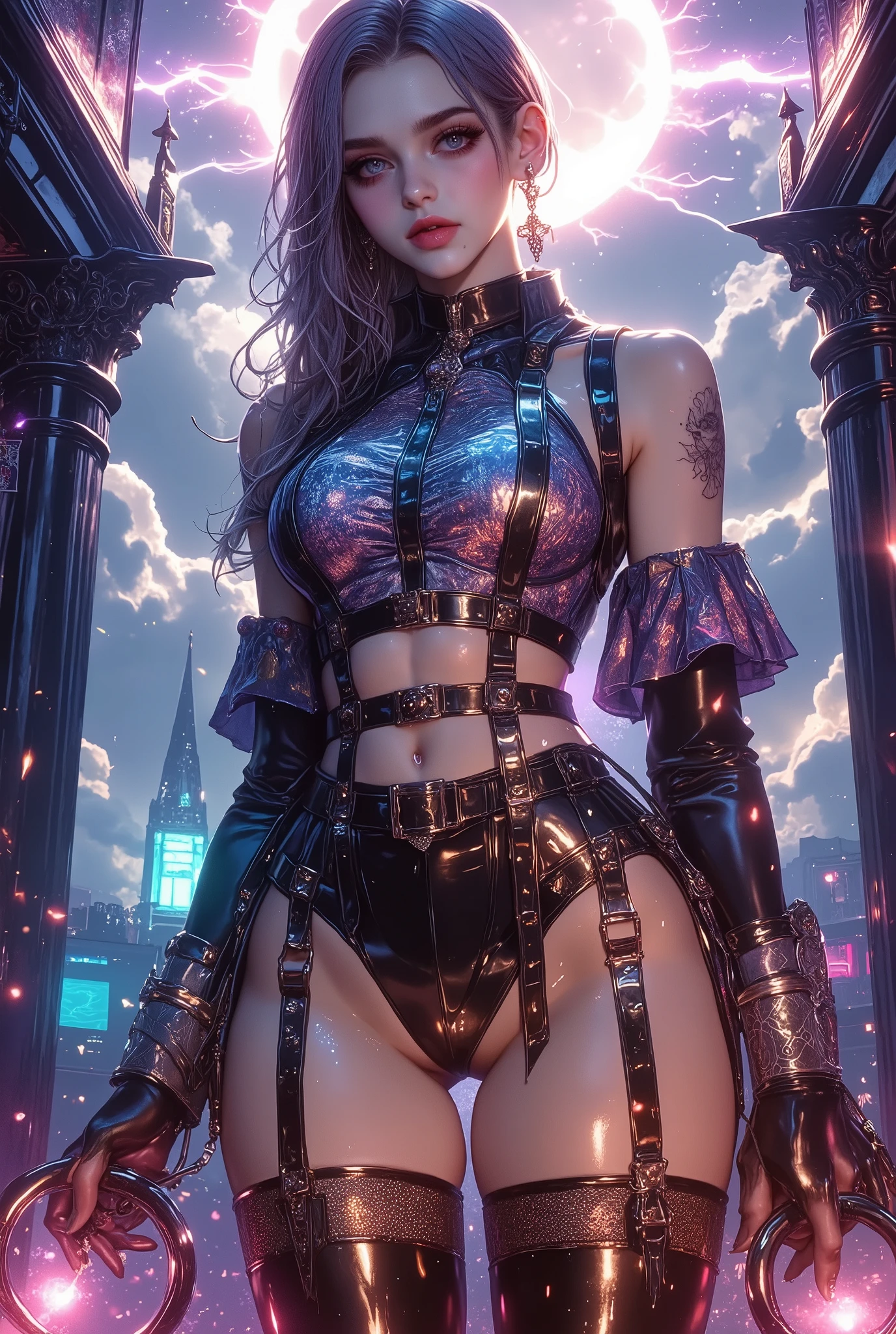 rave festival, night, light rays, edc, rave, highres, lens flare, led, masterpiece, cinematic lighting, perfect skin, long vivid colorful hair, toned, cameltoe, breast focus, legs focus