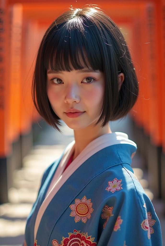 (top quality,4K,8k,high resolution,masterpiece:1.2),very detailed,(realistic,photorealistic,photo-realistic:1.37),Maiko,（full body）、Textured Straight Ultra Short Bob Haircut、、 small 、frosty gaze with a happy face、perfect 、depth of field、blue kimono with mandala、Kyoto、Thousand Torii Gates、colorful、Black and White