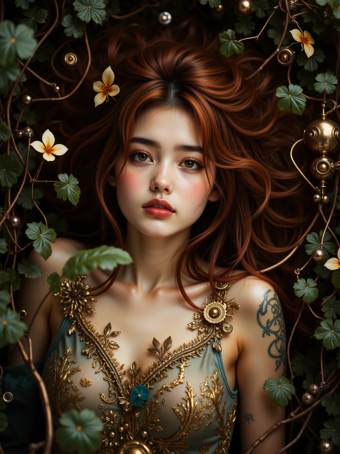 high res, high quality walkers, surface. Realistic images that represent the beauty of the girl. The 20-year-old Japanese, kawaii idol style fused with Art Nouveau elegance and biomachineryกล integration. her skin. Fascinating represents the complexity, Convex, Flow, Curve, botanical motifs characteristic of Nuovo art, seamlessly merging with Shiny, Copper , and brass, machinery, little mechanics-little gears, Piston, and filigree patterns visible under the, Shine light faintly with internal, , warm, แสงcolorเหลืองอำพัน. . She lies lazily on something big, imaginary agent, machineryกล, inside a dense forest, steampunk inspiration, a forest created from weaving together, metal, wine, Shine light, Vacuum tube, and brass, leaf. Her eyes, the color of aged, Shiny, colorบรอนซ์, holds calm, Melancholy , , an interesting curious gesture. features delicate makeup, Copper , , eye shadow and clearly defined brows. ผมของเธอเป็นcolorที่อุดมสมบูรณ์, Auburn, color, Loose style, Flow, waves woven together Fine, metallic, leafและดอกไม้เล็กๆ, Shine light, bulbs . eye-level image,  ที่เcolorยหายจากฟิล์ม (135mm.), create a shallow depth of imagery to separate her fine form from the complexity., Softly blurred, machineryกล forest background, , warm, Soft, Diffuse light, complex details.