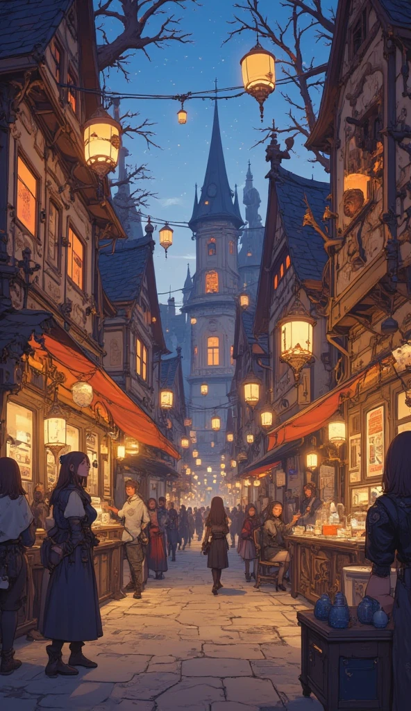 Granblue fantasy world　Lantern　shopping street in the evening