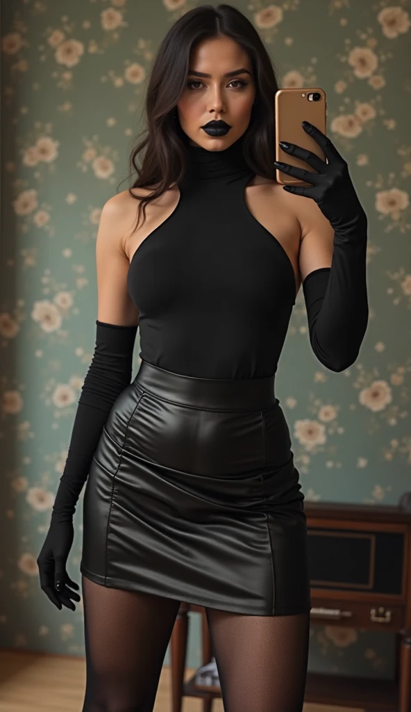 masterpiece, best quality, extremely detailed, hyperrealistic, photorealistic, a beautiful 20s smiling Bettie Page, post office, in the sunset, touching foreheads, darkgray t-shirt:1.2, black cloth gloves, maxy leather brown pencil skirt with a side slit, ultra detailed face, super short hair, blonde hair, pale skin, laughing