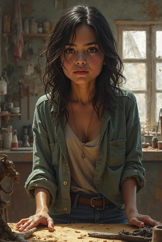 Ultra detailed, cinematic lighting. She crouches behind a stack of rusted gears, wrapped in an oversized work shirt, barely covering her tight shorts. Her hair is messy, cheeks smudged with grease. She clutches a wrench like a weapon, trembling with uncertainty, her wide eyes searching the darkness.