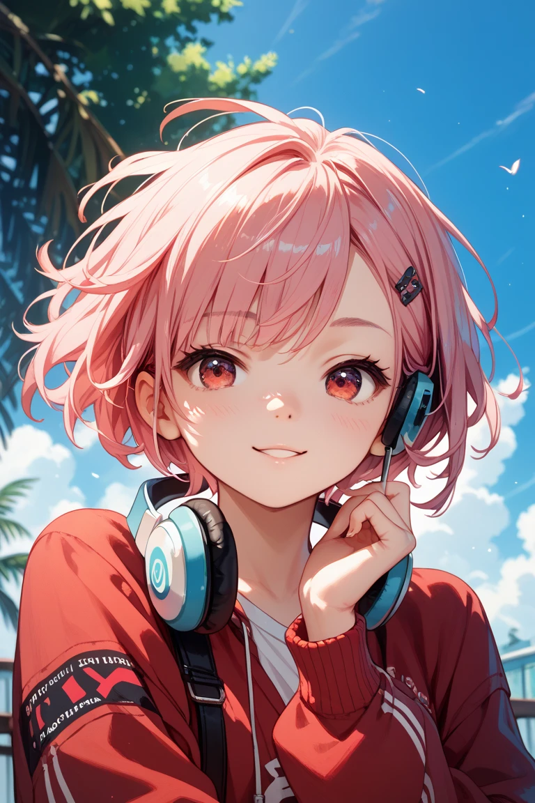 My hair is pink hair short cut
Cute red eyes
girl
I'm wearing headphones around my neck
I cry in my right eye