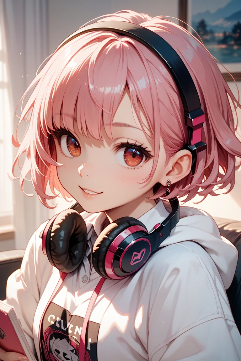 My hair is pink hair short cut
Cute red eyes
girl
I'm wearing headphones around my neck
I cry in my right eye