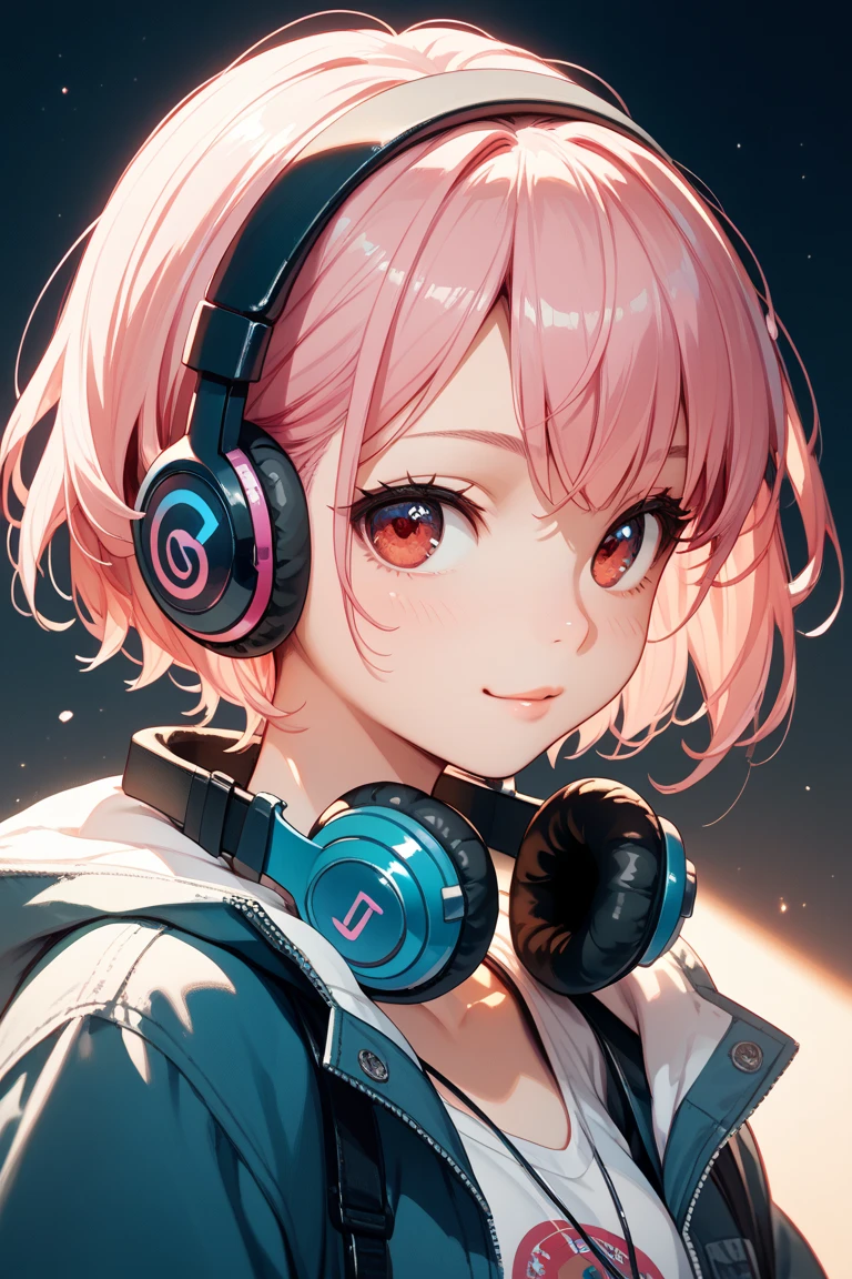 My hair is pink hair short cut
Cute red eyes
girl
I'm wearing headphones around my neck
I cry in my right eye