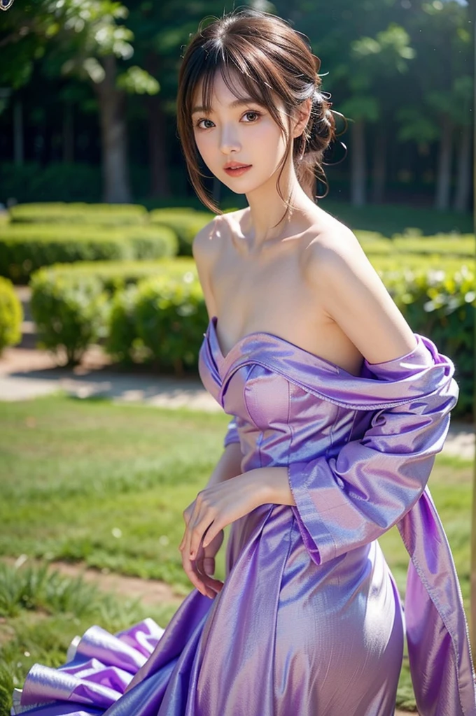 best qualtiy, masterpiece, (Photorealistic:1.2), 8K, 1 Girl, purple dress, Mature Korean Woman, studio shoot, ((Fashion model, Sexy Pose)), Spopen legs, Perfect arm, perfect legs, perfect body figure, tight dress, Tubetop dress, purple dress, necklaces, earings, Flushed face, subtle lighting, various hairstyles,