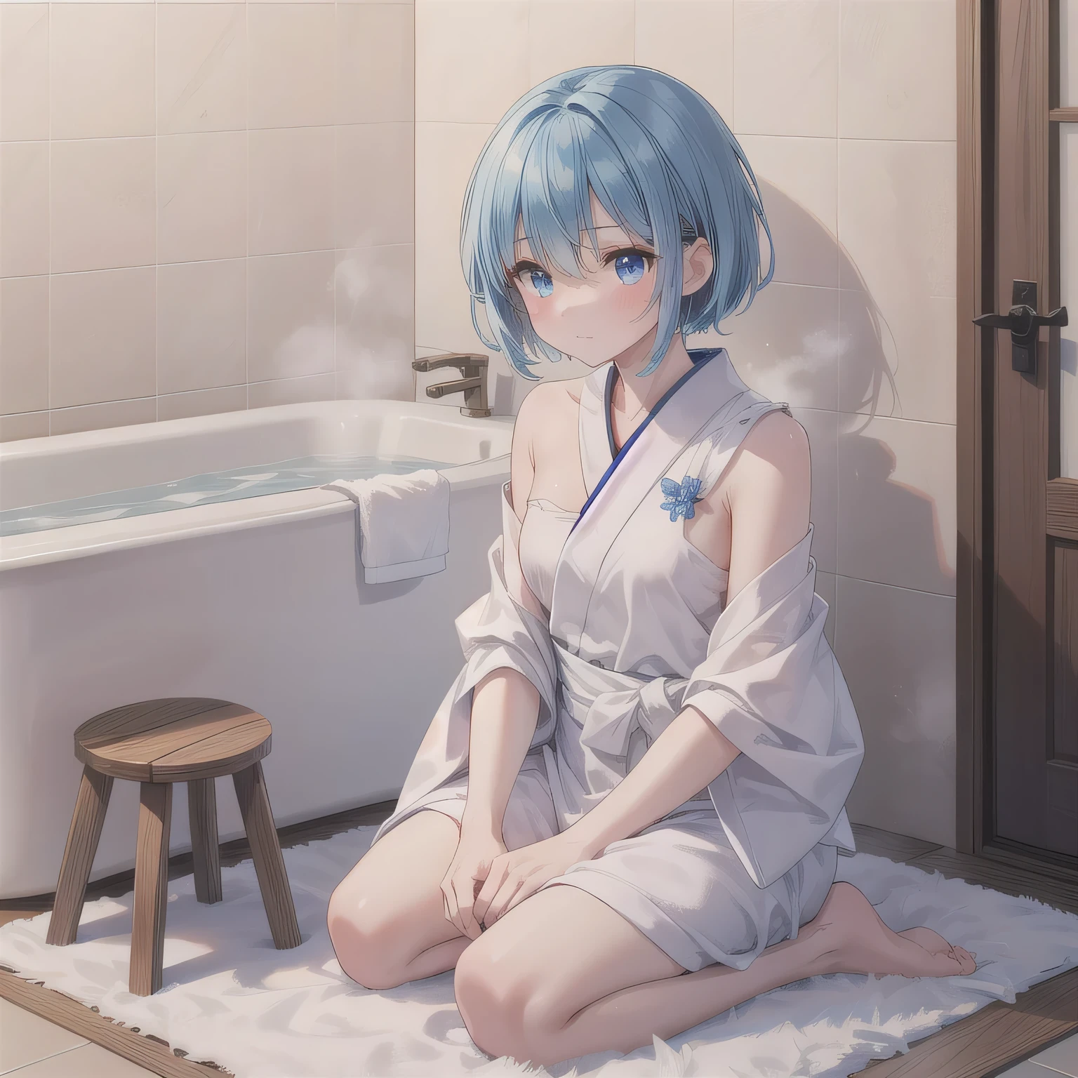 In 8K、highest quality、masterpiece、Very detailed、Ultra-high resolution、((1 person))、With a girl、Light blue hair、Short Bob、((((Sauna room))))、((Sweat))、Red face、Cover your chest with a bath towel、((vapor))、hot