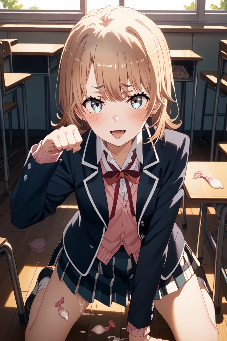 irohaisshiki, Iroha Isshiki, short hair, Brown Hair, (Brown eyes:1.5), happy smile, smile, Open your mouth,smile,blush,Sweat,Wet Hair,Wet Skin,Wet clothes,True Summer,Clear skies,Daytime,I put my hands on the desk and look up,
break skirt, shirt, ribbon, , Jacket, white shirt, socks, Plaid, Knee-high, Plaid skirt, black socks,
break indoors, classroom,
break looking at viewer,
break (masterpiece:1.2), highest quality, High resolution, unity 8k wallpaper, (figure:0.8), (Beautiful fine details:1.6), Highly detailed face, Perfect lighting, Highly detailed CG, (Perfect hands, Perfect Anatomy),