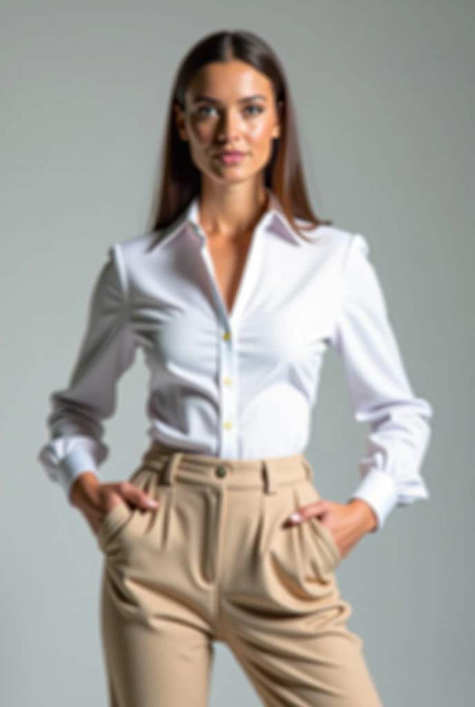 her name is Yasmin Fatima, high quality, ((mature)), ((white pale skin)), 1girl, ((30-year-old fit Swiss woman)), ((30 years old)), ((fit)), ((brunette)), pose: standing, wearing stylish (((light-yellow blouse and jeans))), ((BACKGROUND: outside office)), random pose, cranky hair