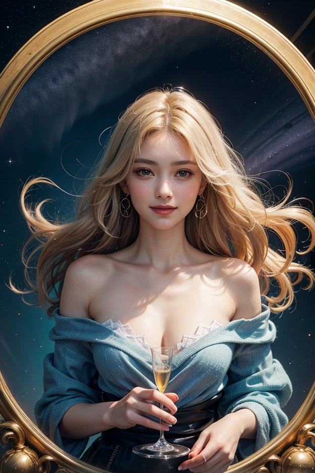 Northern Lights, hold up a chalice overflowing with stardust, full of light, blonde hair, smile, floating hair, textured skin, high details, super detail,  