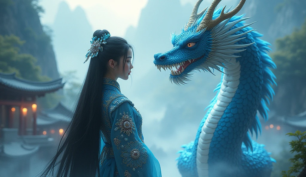a woman standing in front of a dragon with a sword, by Yang J, queen of dragons, Dragon Girl, anime fantasy illustration, the dragon girl portrait, dragon-inspired cloth robes, Artgerm and Ruan Jia, Anime fantasy artwork, human and dragon fusion, Chinese fantasy, alice x. zhang, krenz cushart and wenjun lin