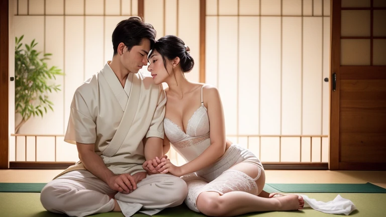 Create a serene and intimate scene of a young couple man and woman in an elegant traditional setting, inspired by Japanese aesthetics. The couple is sitting on a tatami mat in a calm, peaceful room with sliding shoji doors in the background. The woman is wearing delicate, soft white lingerie, while the man is in a casual, light-colored outfit. They are seated closely together, sharing a tender, affectionate moment, their foreheads gently touching. The lighting is soft and warm, creating a cozy atmosphere filled with gentle, natural light."