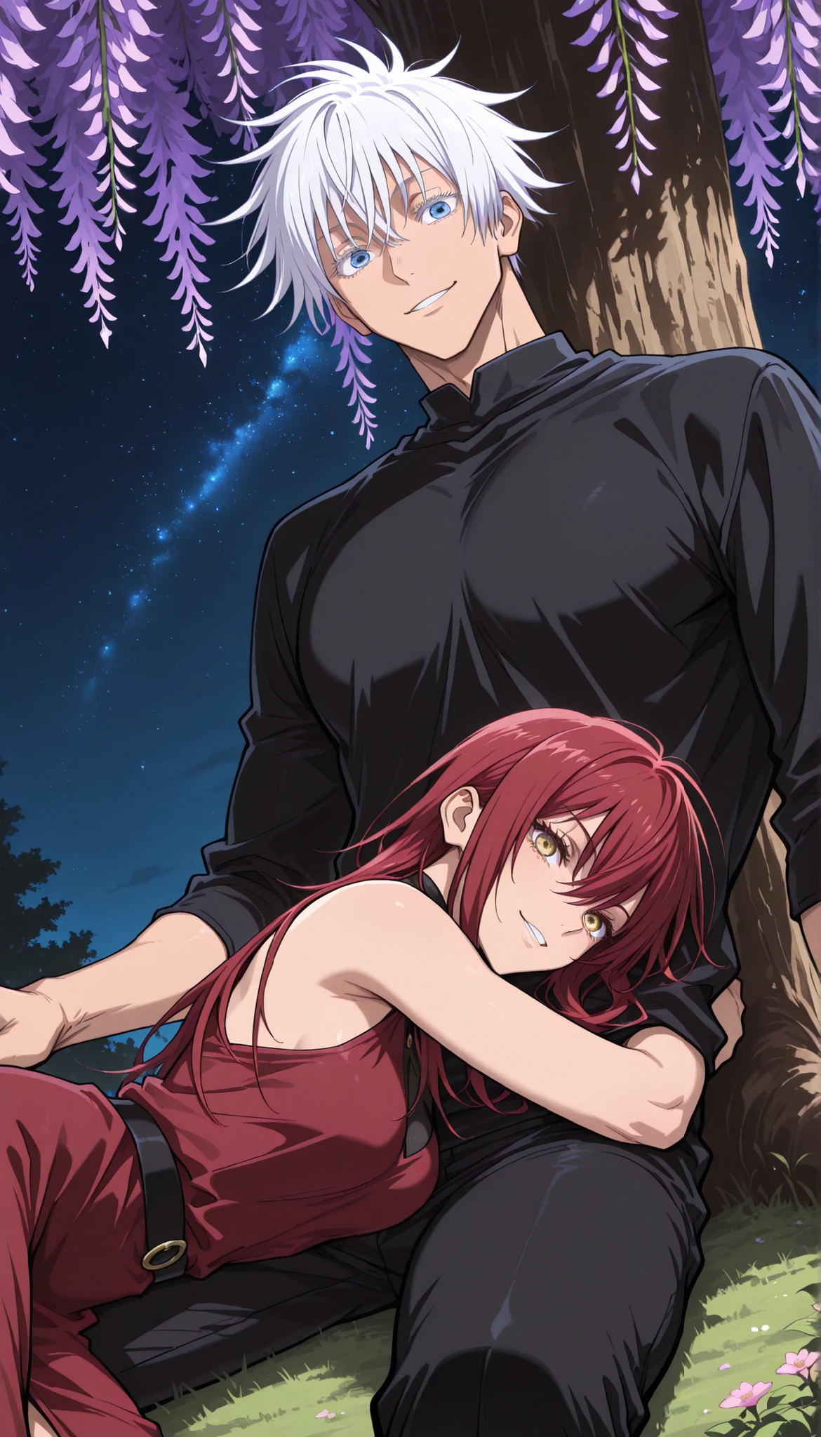 masterpiece, best quality), safe, amazing quality, very aesthetic, absurdres, highres, newest, HDR, 8K, high detail RAW color art, large pupil, eyelashes, couple, hetero, duo focus, (size difference, high difference), smile, having fun, under a large tree Wisteria sinensis, pink colors flowers, romantic, cute pose, dynamic pose, looking at each other BREAK female focus, 1 woman, ((Lora:Shana_Ryu)), (medium Breasts:0.9), sexy, sharp golden eyes , hair between eyes ,red hair, long hair, long sidelocks , very long red hair, red dress, clear highlights , Perfect Eyes, red dress, sitting under the tree Wisteria sinensis, night starry sky, BREAK 1man, male focus, adult, Gojo Satoru, Jujutsu Kaisen, ((Lora:Gojo-Satoru)), male focus, white hair, short hair, blue eyes, cool large shirt, black shirt, muscular, sexy man, handsome, mature, handsome, sexy man, sensual, lean, muscular, cool black shirt, black pants, lying with head on woman's lap, lying under tree