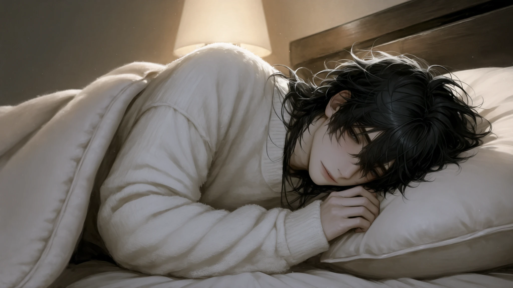 A man in his early 20s with long messy black hair and soft eyes, lying comfortably in a luxurious bedroom with a cool-toned atmosphere. He is wearing a simple white oversized sweater, resting on a plush bed with cozy blankets and fluffy pillows. The lighting is soft and diffused, casting a calming bluish glow. The room exudes a sense of quiet luxury and peaceful serenity anime
