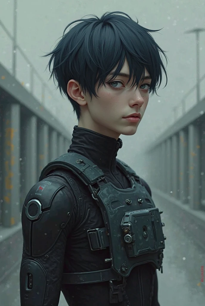 1boy, navy short hair, expressionless, silver eyes, a downed hair, skin suit, core vest, Amplifier on the arm/chest