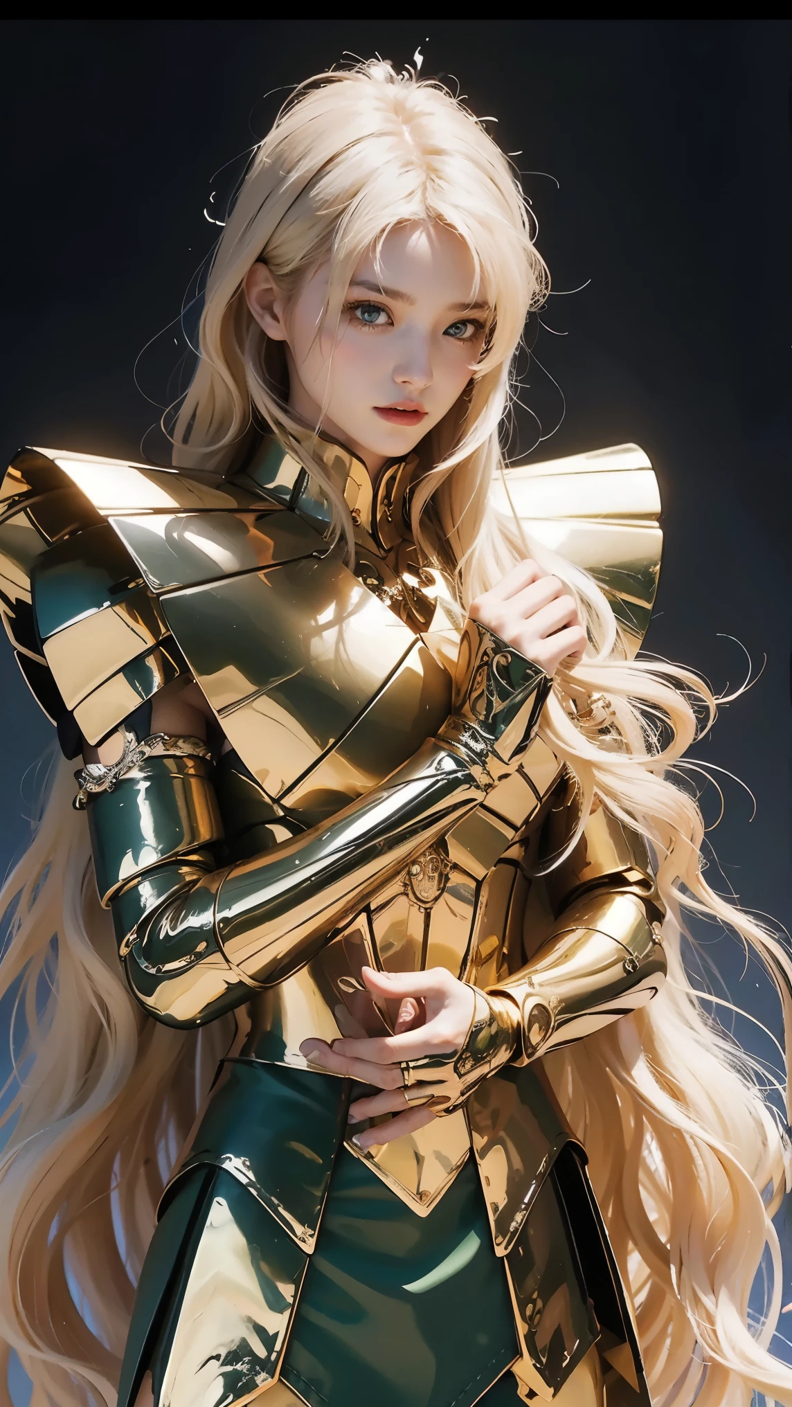 (((1 Girl)))  A surrealistic ultra-detailed photo of a beautiful girl ， The girl in the photo is in the background of the ruins of a Greek temple,  broken ，Gorgeous gold armor showing most of the white  ，( Green long hair:1.5),  blue eyes, Hands folded pose，  Beautiful, Symmetrical Hazel Eyes ,  Detailed Gorgeous Face , 30 megapixels, 4K,  Canon EOS 5D Mark IV SLR Camera , 85mm lens,  clearly focuses ,  intricate ,  long exposure time , f/8, ISO 100, Shutter speed 1/125,  Diffuse Backlighting , Award-winning photos,  facing the camera, Watch the camera , Monocular Vision , Perfect contrast,  high definition , Symmetrical face ,Center the character，  photo depth ,  ultra-detailed photography ,  ray tracing, Global Illumination,  Tanville Tamim , smooth,  Ultra HD, 8K,  Unreal Engine 5 , ultra  clearly focuses , Award-winning photos,  trending on Artstation