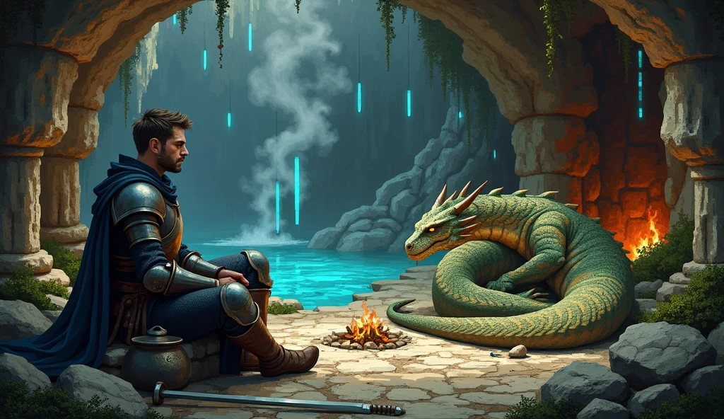 A medieval knight sits cross-legged on a worn stone bench, their posture relaxed but dignified. Their armor is weathered and practical, with a tattered midnight-blue cloak draped over their shoulders. The knight’s helmet rests beside them, revealing a tired but peaceful face, eyes closed in quiet reflection. One gauntleted hand rests on a sheathed longsword planted upright in the earth, its pommel wrapped in frayed leather. A small leather-bound journal lies open on their lap, its pages filled with sketches of stars and distant lands.

Additional Characters
Across a crackling stone hearth, a massive dragon coils lazily on a bed of moss-covered boulders. Its scales shimmer with muted gold and emerald hues, faintly glowing like embers. The dragon’s wings are folded against its back, and its serpentine neck curves downward, head resting on its claws. Its eyes—slitted and wise—gaze softly at the knight, exuding gentle guardianship. Wisps of smoke curl from its nostrils, blending with the hearth’s rising warmth.

Setting
The scene unfolds in a cavernous, ancient hearth-room, its walls carved from jagged basalt and smoothed by time. A natural hot spring pool glimmers in the background, steam rising to mingle with the hearth’s smoke. Stalactites drip faintly, and crumbling stone pillars are draped with ivy and bioluminescent moss. The floor is scattered with wild thyme and clover, while glowing blue crystals embedded in the walls cast ethereal light. A massive iron cauldron hangs over the hearth, its contents bubbling quietly.

Lighting & Atmosphere
Warm amber firelight from the hearth bathes the knight and dragon, casting flickering shadows on the cavern walls. Cool teal and indigo tones from the crystals and steam create a soothing contrast. The air feels thick with mist and tranquility, punctuated by faint echoes of dripping water. The mood is safe, introspective, and faintly mystical, as if time has paused for this moment of shared respite.

Additional Elements
A woode
