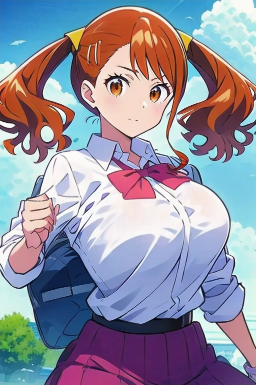 masterpiece, best quality, highres, 1girl, anjou naruko, hairclip,huge breasts, , twintails, grin,(Sweating),,cowboy shot