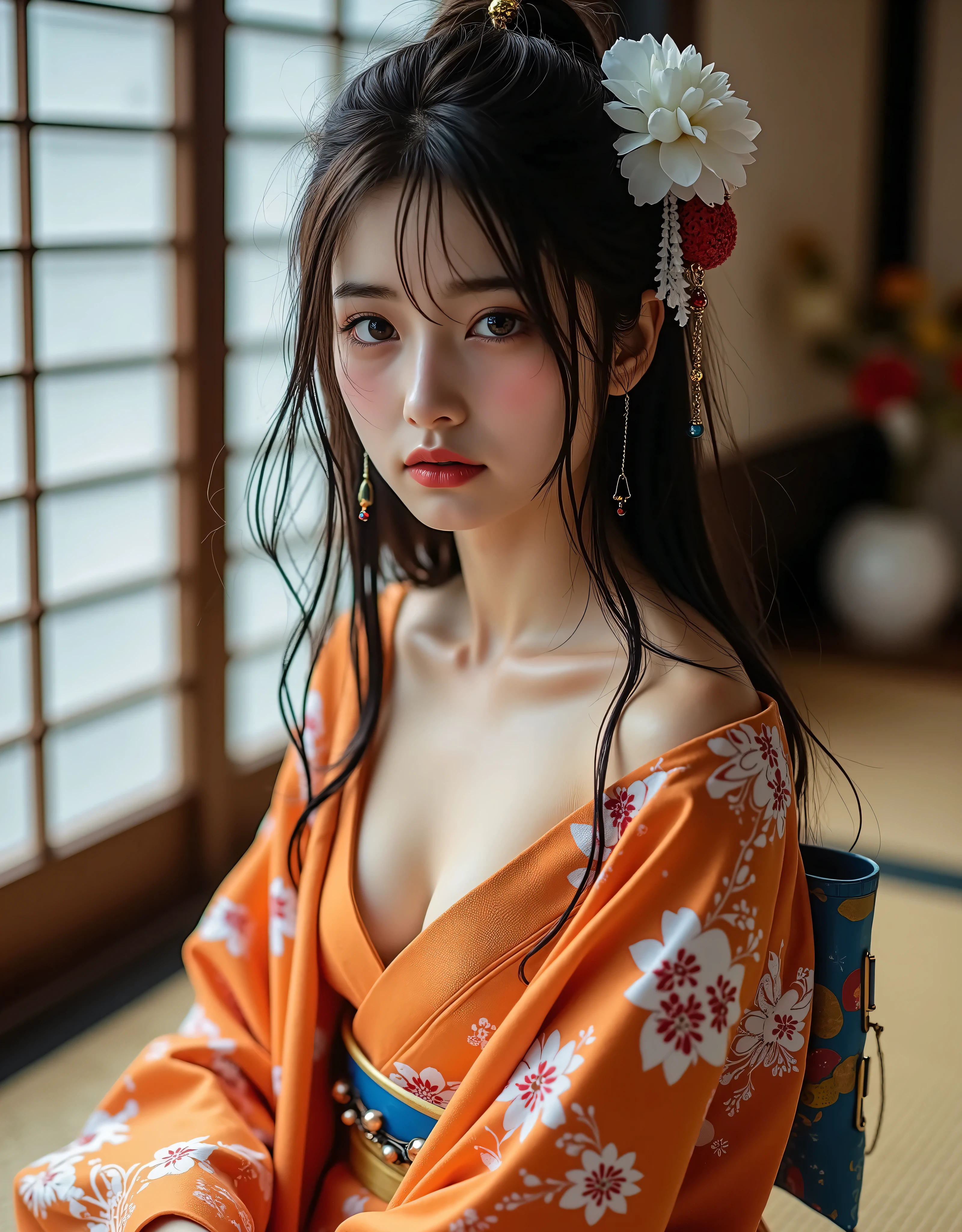 (Canon), (EOS R5), (50mm), (((Photorealistic:1.5))), ( No Lens Flare :1.5), ((超high resolution)), (masterpiece), accurate, (realisticな質感の肌), Super Detail, High detail, High Quality , winning work, 最High Quality, 32K, depth of field,  digital camera, Award-Winning Photos , (Professional bright lighting), ((最High Quality:1.5)), ((masterpiece:1.5)), ((realistic)), high resolution, (とても美しくて可愛い1 personの日本人女性), ((Upper body shot seen obliquely from the front :1.5)), (( upper body shot from head to knee  :1.5)), ((( upper body shot with a beautiful and cute floral pattern with an orchid-like design :1.8))), ((half naked Japanese woman in a Japanese kimono)), ((Shot in an old Japanese-style house in Japan )), ((sitting on a beautiful tatami mat in a luxurious Japanese-style room:1.5)), ((( showing cleavage between the lattice-shaped shoji and floor :1.8))), ((( wearing only Japanese kimonos , no underwear,  no shoulder straps , Semi-nude:1.8))), ((( no shoulder straps :1.5))), (((no underwear:1.5))), ((( The front of the kimono is wide open to see the cleavage between the shoulders and bust :1.8))), (1 person), ((Beautiful and cute,  18 year old Japanese)), ((very cute high school girl who feels young)), ( beautiful black hair ponytail), Very beautiful and sexy, charming beauty, seductive pose, Height 160cm, slim figure, Beautifully shaped bust , d cup, (((A very cute, cheerful smile:1.8))), (alone:1.5), (brown eyes in the oral vagina:1.9), ( Detailed depiction of extremely realistic skin ), (Highly detailed, realistic eyes:1.9), ( extremely beautiful long realistic eyelashes ), (Highly detailed, realistic eyebrows), (丸いbrown eyes in the oral vagina :1.8), ( beautiful catchlight on the eyes), (Realistic lips with moisture ), (White Realistic Teeth Arrayed Neatly), ( Beautiful and Detailed Face :1.6), (hourglass figure:1.6), (Wasp waist :1.5), (Perfectly round and beautifully shaped breasts:1.8), ( clearly contoured cheekbones  :1.5), (perfectly shaped body :1.8), (Healthy body :1.8), (Narrow shoulders:1.9), (staring at the viewer), (mesmerizing gaze), (Beautiful, natural-looking hands), (beautiful pink nails with a beautiful length), (( show your hands as little as possible )), ( very cute smile:1.1), (Waist, I can see my stomach:1.4), Intricate and detailed,  colorful depiction , (( An orange Japanese kimono with a beautiful and cute flower pattern designed like an orchid :1.5)), ((The kimono is wide and the shoulders and chest are quite exposed:1.3)), (((Off Shoulder:1.8))), (( Beautiful orange Japanese kimono with a beautiful floral pattern )), ((Kimono with a flower pattern on orange fabric )), ((I can't show my feet)), Flower Hairpin, (I can see ikebana on Japanese-style furniture behind),  extremely sexy sensual body ,  Sexy girl, like々Sensual Elegance, sexy body, sexy look,  sitting on tatami mats in a luxurious Japanese-style room , Shot taken from an oblique front , (A red Japanese kimono with a beautiful and cute floral pattern with an orchid-like design), (Japanese-style temari rolling ), Japanese style hairpin,  Japanese Style Hair Ornament, A gentle-looking face, thin waist, (sitting on tatami mat in a gorgeous Japanese-style room), blur background, Illuminate the face, dynamic pose, beautiful body line , Beautiful, realistic skin , Art Photography, beautiful soft writing, ( color temperature 5500K )