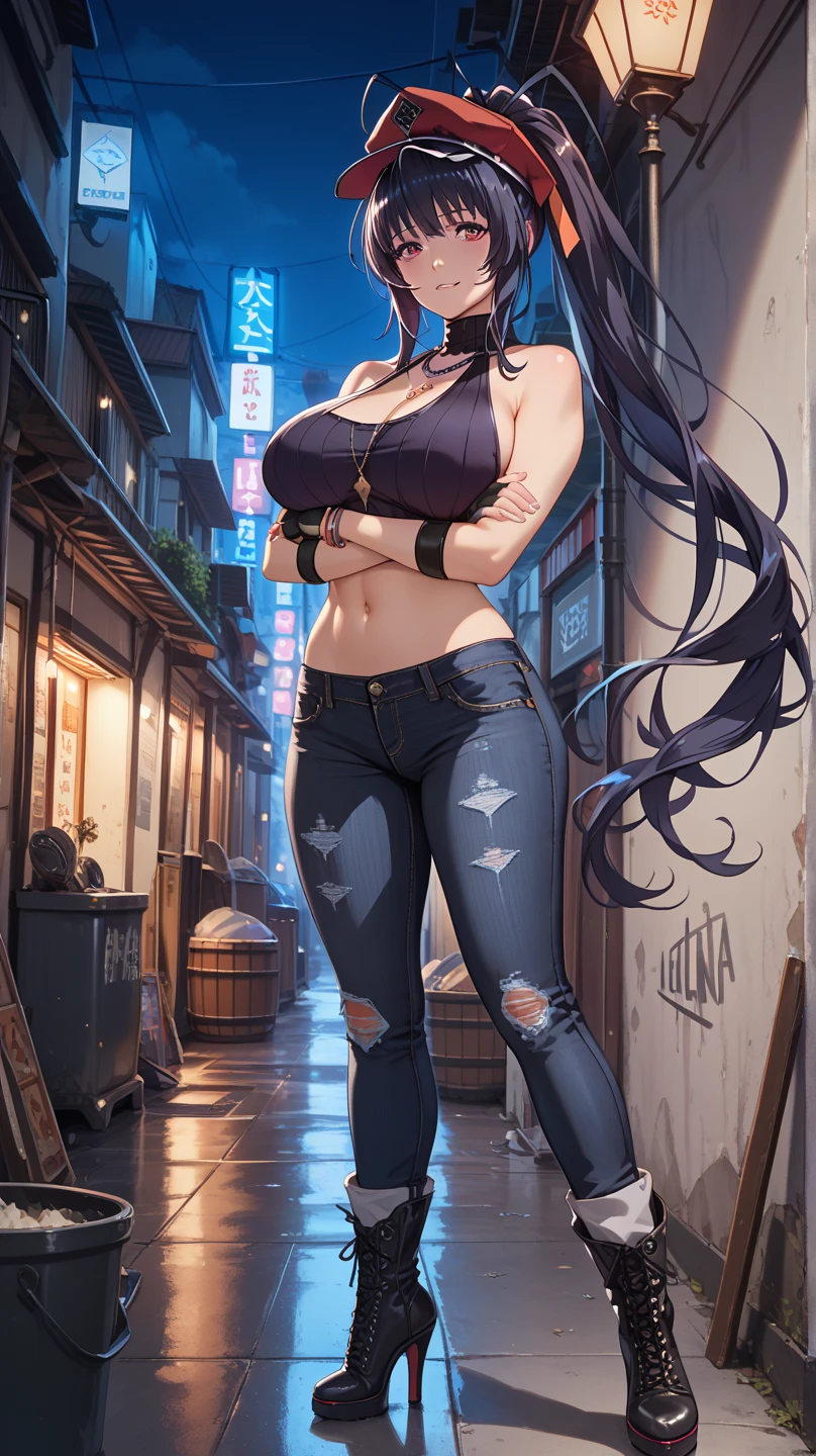 (((absurdres))), (((masterpiece))), (((best quality))), ((ultra-detailed)), ultra high quality, realistic, (real picture, intricate details, depth of field), ((((1girl, solo)))), make up, parted lips, highly-detailed, perfect face, (((mature woman, milf, skindentation))), ((huge breasts, wide hips, toned abdomen)), tall, glossy lips, sexy, blushing, ((blue hair, blunt bangs, very long hair)), ((beautiful purple eyes)), ((earrings, hair ornaments, choker)), (((t-shirt, crop top, exposed navel, tight denim pants, belt))), (((erotic pose, standing, arms above head))), smile, (((city streets, midnight:1.3)))