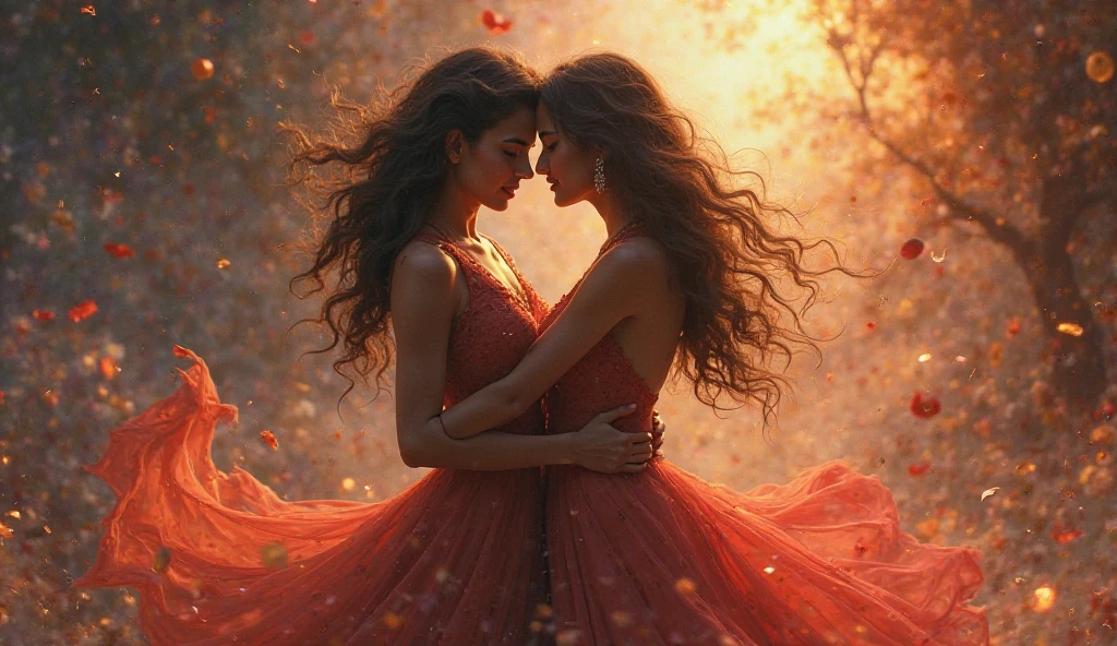 Vicky fantasizing: daydream scene of him and Nandini dancing closely – surreal background, intense lighting.