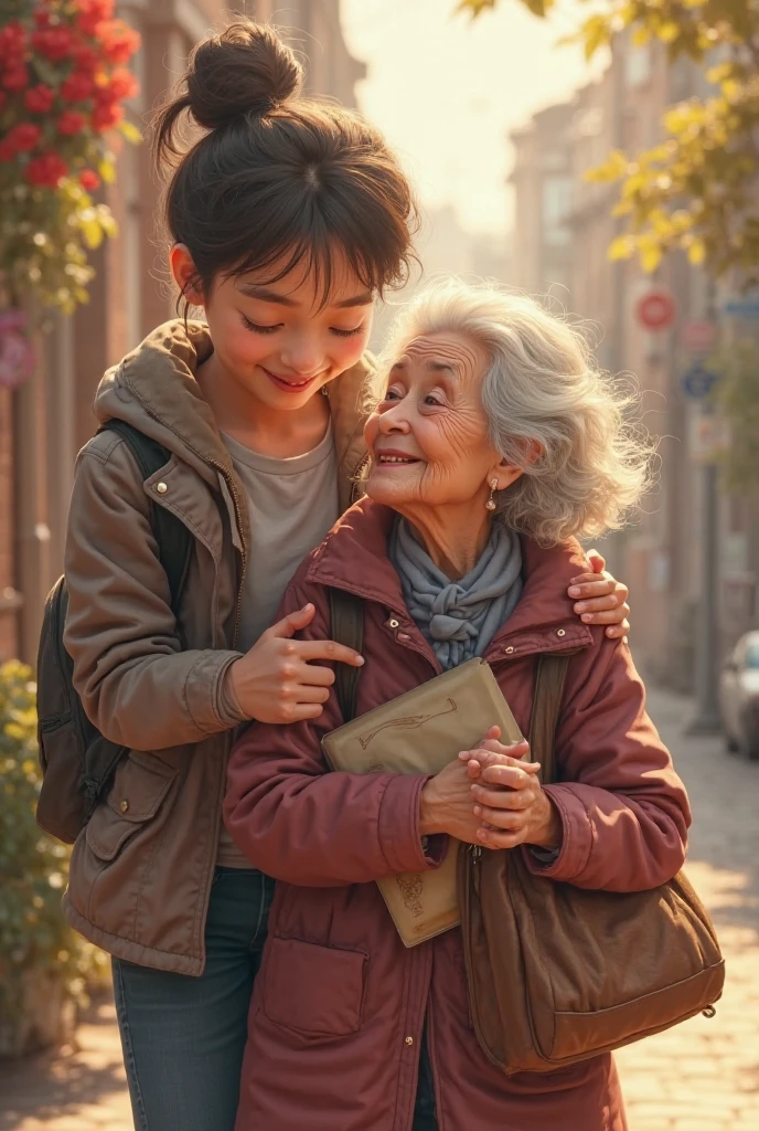 Someone who is walking beside an old woman and holding bags