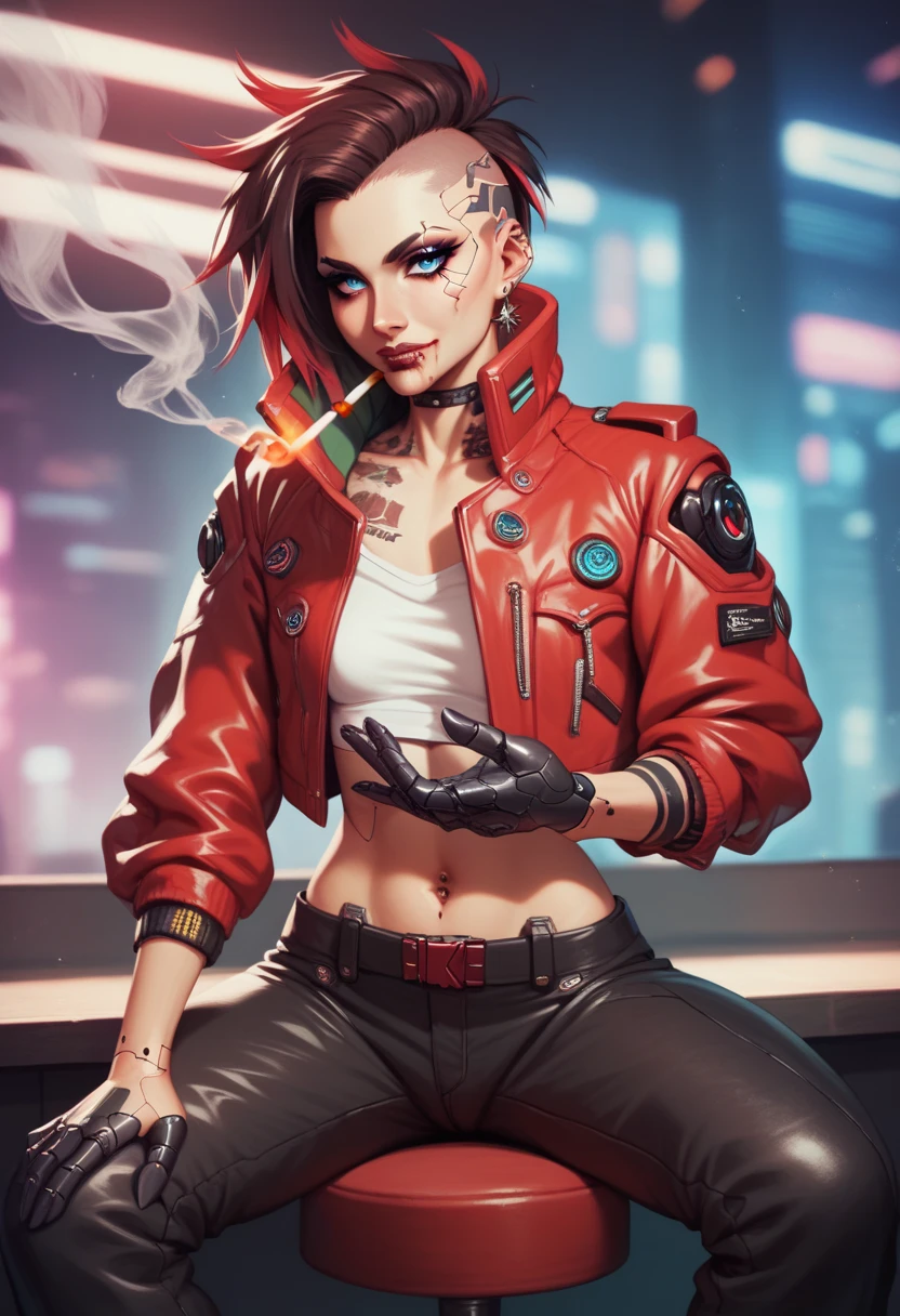 extremely beautiful model, 20 years old female, skandinavian, cyberpunk, brown punk hair, red leather jacket with yellow accents, sitting relaxed on stool, cyberpunk bat, bloody lip, blue eyes, black robotic hands, relaxed face, smoking cigarette in mouth, black baggy cargo pants, skinny, small breasts 