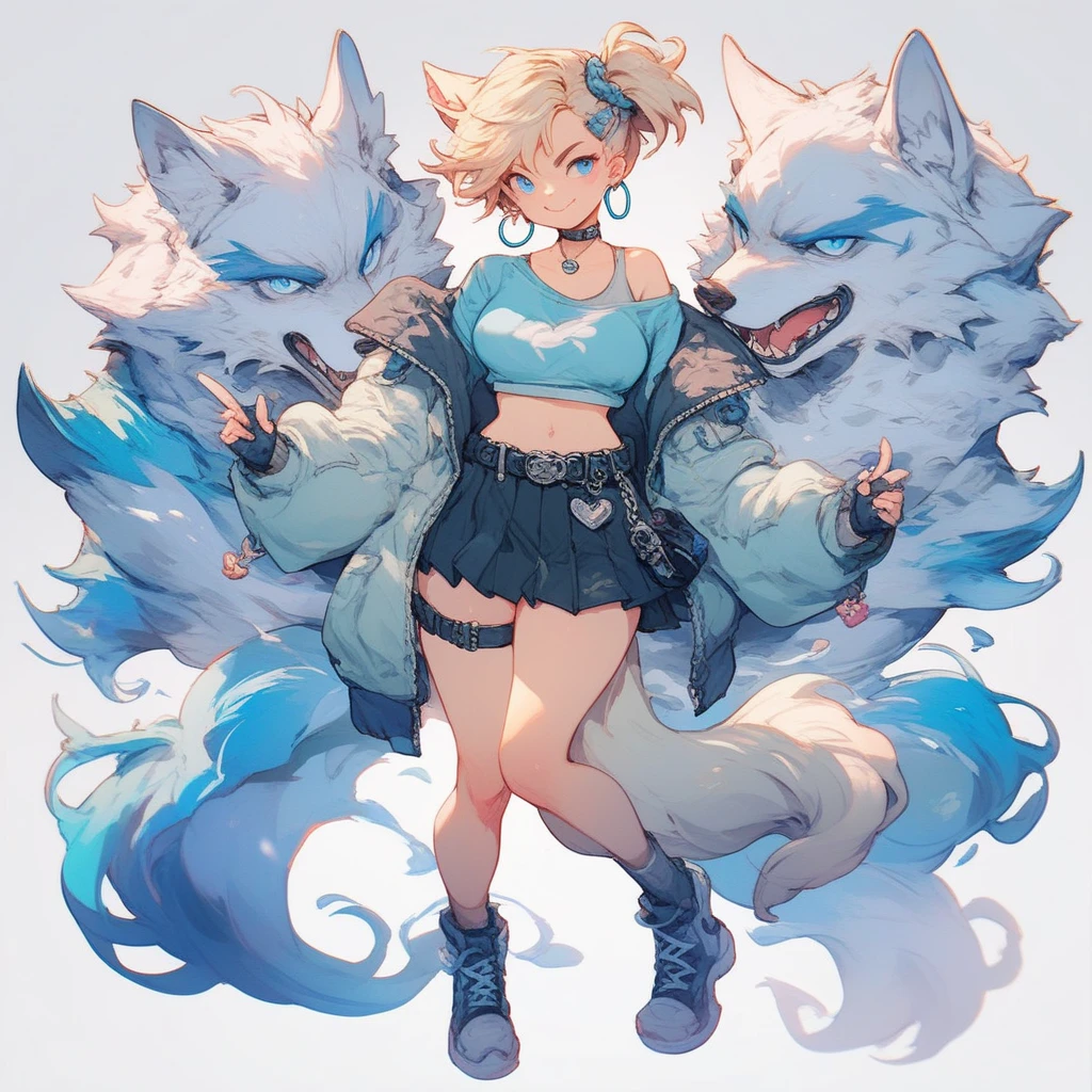 feminine male with long flowing white hair, has wolf ears, has wolf tail, wearing denim short shorts and a cropped black hoodie, thick thighs, wide hips, wearing thigh high socks, solo, alone, no wolves, showing belly, has glowing blue eyes, flat chested