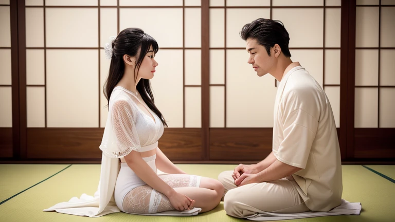 Create a serene and intimate scene of a young couple man and woman in an elegant traditional setting, inspired by Japanese aesthetics. The couple is sitting on a tatami mat in a calm, peaceful room with sliding shoji doors in the background. The woman is wearing delicate, soft white lingerie, while the man is in a casual, light-colored outfit. They are seated closely together, sharing a tender, affectionate moment, their foreheads gently touching. The lighting is soft and warm, creating a cozy atmosphere filled with gentle, natural light."
