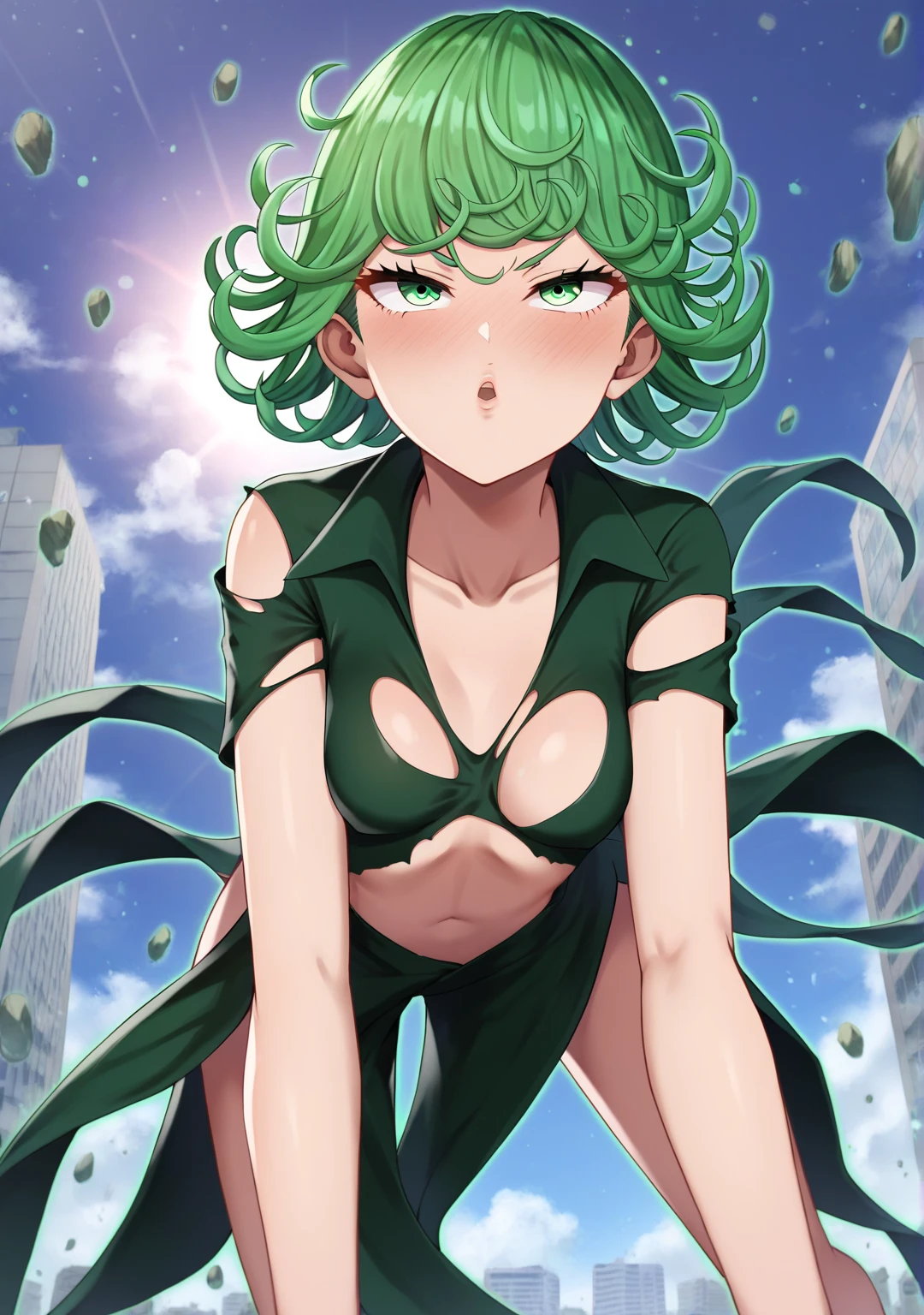 1girl, alone, Tatsumaki One Punch Man floating over a city, Anime girl, short hair, green hair, green eyes, Tatsumaki black outfit, Tatsumaki (One Punch Man) Clothing style, Black clothing, Damaged clothing , Torn clothes, damaged skin, skin scratches, Detailed clothes, detailed eyes, Detailed lips, Arms crossed, serious face, serious eyes, green color anime aura around him, Big aura, very small chest, medium thighs, small body, medium waist, wide hips,1 girl, bright green eyes, small flying rocks floating with her, round and square shape rocks, City Background, Sky Background, View from above, Bokeh, 4K Masterpiece, HDR , Anime art style, One Punch Man art style, sharp colors, vivid colors, green particles