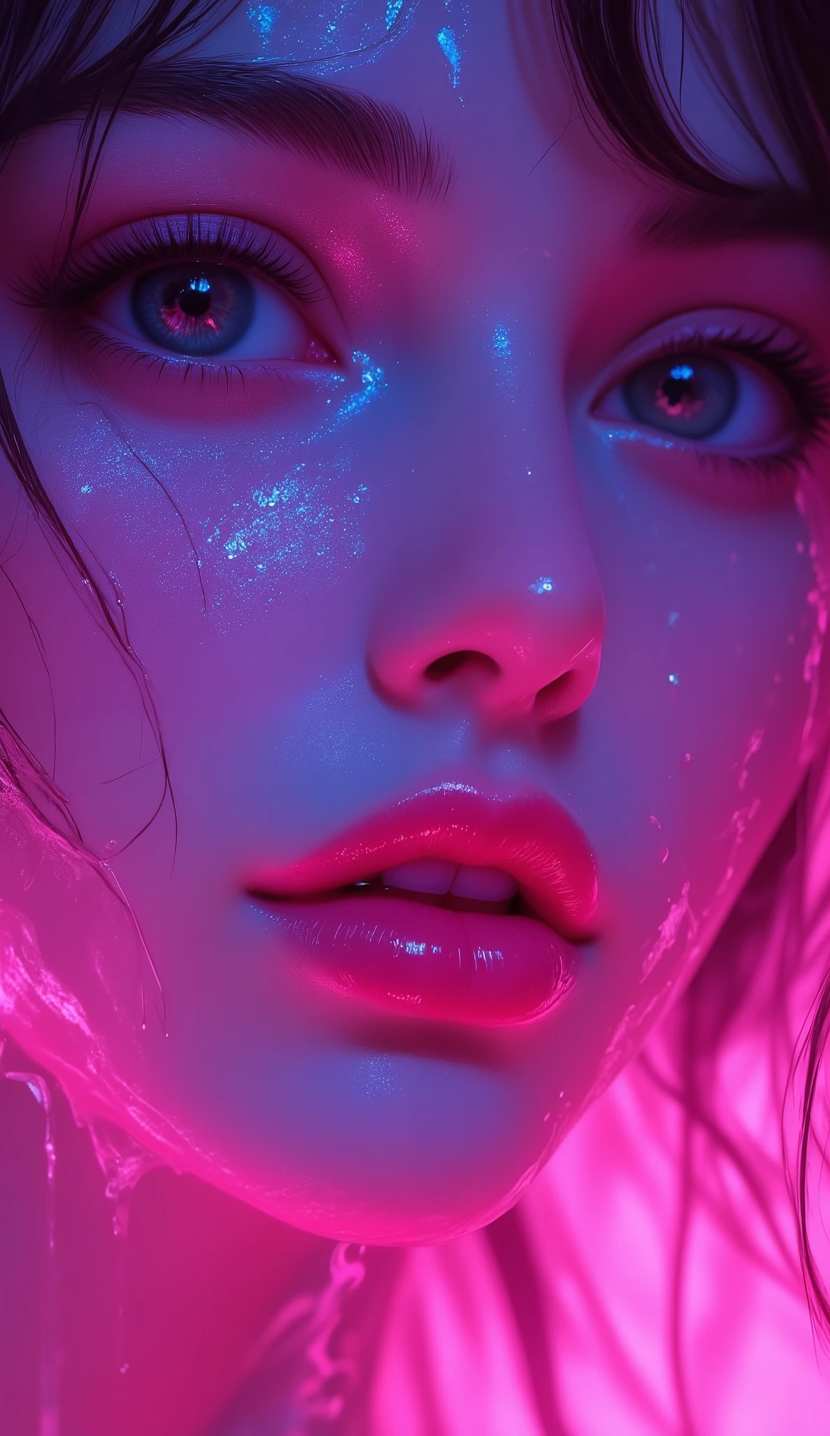 Portrait of the lower part of the face and lips of a young woman in close-up in the style of "vaporwave". The subject is positioned in the center of the image, at a slight angle. She has fair skin and looks about twenty years old. The focus is on her lips, which are painted with a bright fuchsia lipstick that looks shiny and moist, with numerous drops of water stuck to them. Her skin glows slightly, reflecting the bright neon lighting. The lighting is impressive, bright pink and purple tones illuminate her face. Small droplets of water are visible on her skin and lips. The hair is visible at the edges of the frame, but it is dark. The image is characterized by a high degree of stylization and graphicity, almost resembling a painting or a work of digital art. The composition focuses on facial features, especially on the lips, emphasizing their shape and color. A soft accent and water droplets give the image a sensual and captivating mood. The overall style is artistic, creating a captivating and almost ethereal atmosphere.