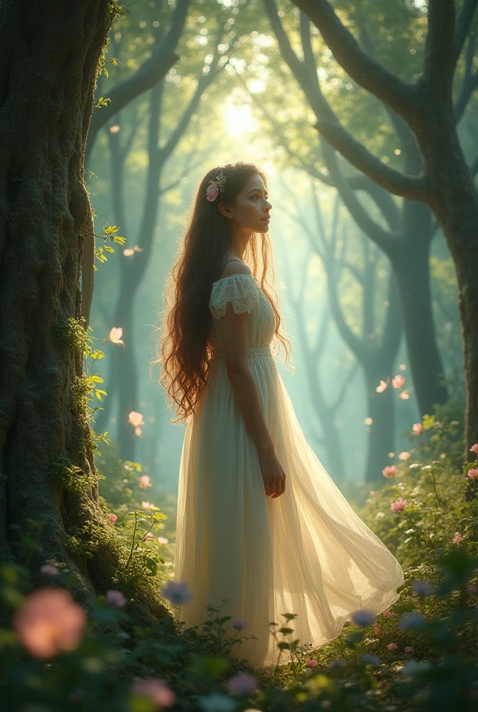 Sarah has brown hair and is wearing a white dress standing in a magical forest with ancient trees emitting light and little fairies flying around.cô gái 15 tuổi