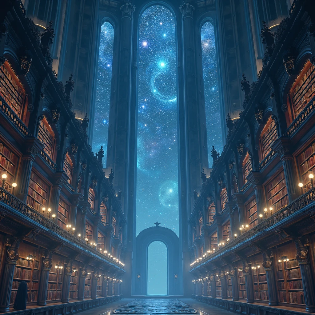 View just from above A large fantasy library with large shelves in cool colors and a window overlooking the starry sky at night 