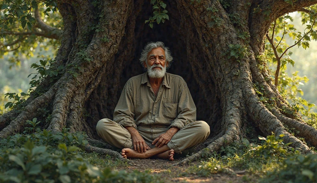 An old man sitting inside tree