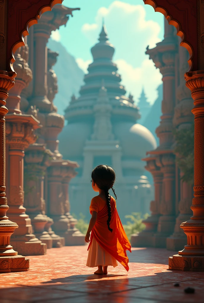 In Cinematic 3D Cartoon style "
The mood is suspenseful but wise and imaginative, with rich traditional Indian details in the environment."