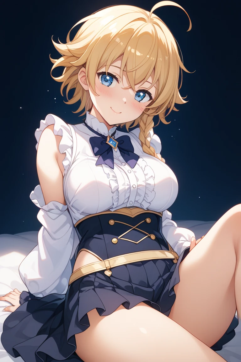 18-year-old girl sitting on bed、alone、Split sheet、Anime style painting、Wearing pajamas、(blonde)、short hair、Bobcut、Blunt bangs、Beautiful purple eyes、smile、smile、underwear、sexyなunderwear、sexy、Sexy、Large Breasts、valley、valley寄せ上半身のクローズアップ、valleyを見せる、Décolleté exposure、Background Blur、The depth of the drawn border