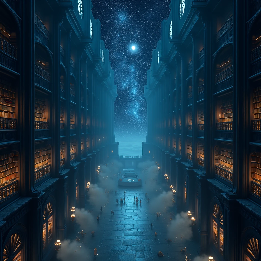 View just from above A large fantasy library with large shelves in cool colors and a window overlooking the starry sky at night 
