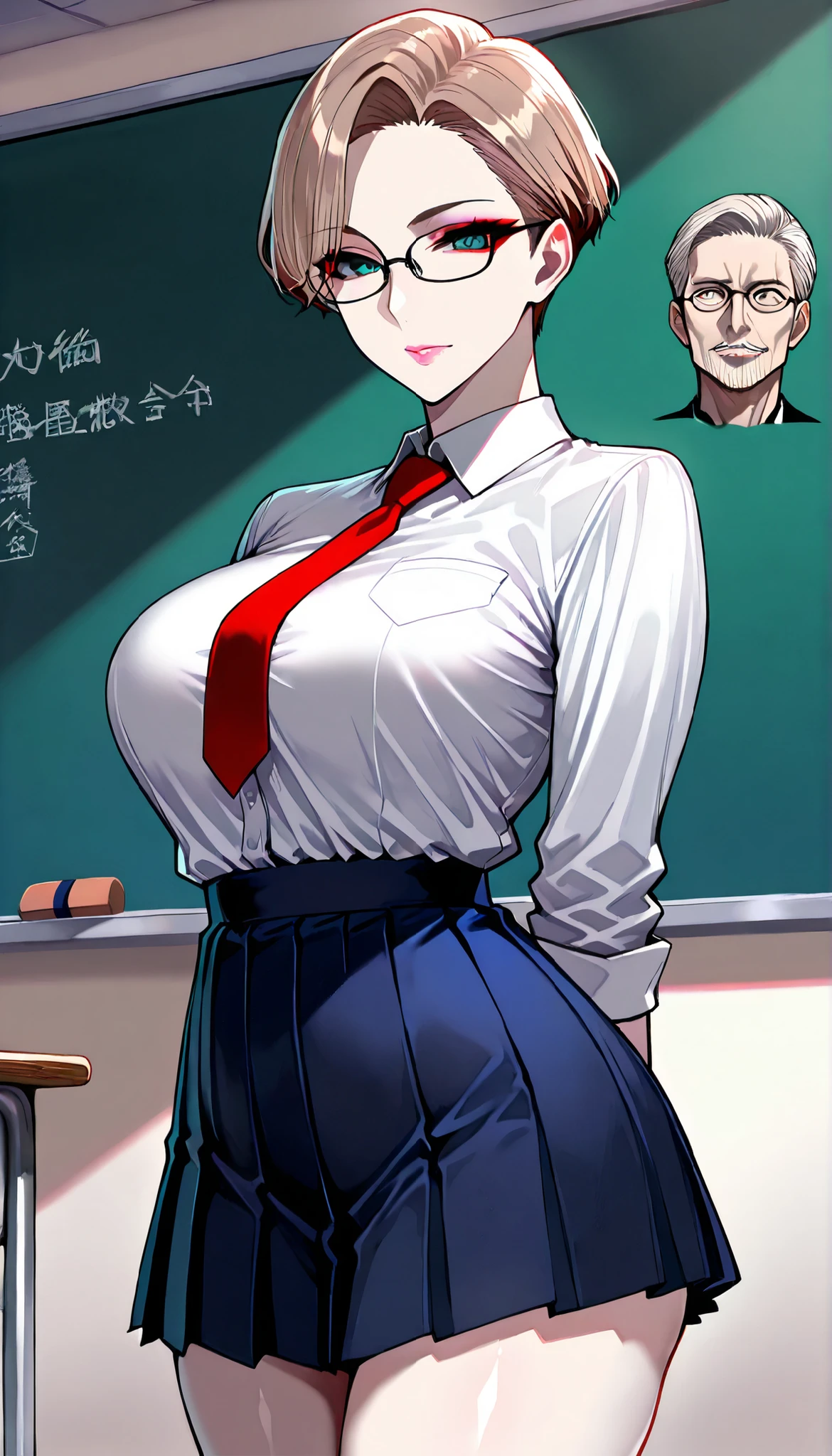 score_9, score_8_up, score_7_up, ((One Japan)), cute girls, ( Japanese woman:1.2), (((uniform), (white shirt), (Navy Blue Pleated Skirt), miniskirt, (red tie from the side), What is on camera, Perfect Female Shape , Perfection face, shiny pink lips, expressive eyes, eyeshadow, eyeliner, Natural Breasts, thin waist, (white skin), light brown hair, (((very short hair))), (((pixie cut))), (Overrimmed Glasses), (stare at viewers with pretty big breasts, bully, green, Classroom, super high definition, masterpiece, accurate, anatomically correct, textured skin, super detail, Advanced Details, High Quality, 最High Quality,