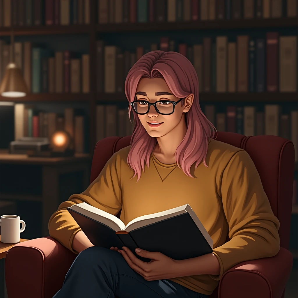  In the library with a book, reading, next to him there is a mug of coffee