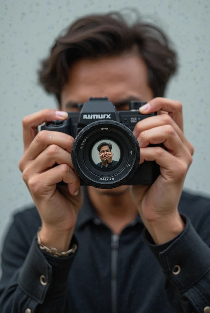 Create an image of a very young photographer who has only a camera and little photography equipment, is working on PC generating images by AI. Your model is a real person. Ratio 16:9