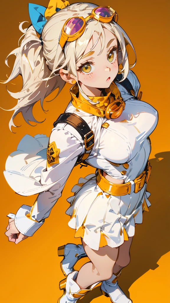 Headphones, red cheeks, detailed details (face, eyes, eyebrows, eyelashes) , fighting pause, official art, masterpiece, highest quality, portrait photo of one girl, 14-year-old girl, wearing a fight girl(silver color, metallic, ) 8k, colorful, semi short hair, high resolution, ( butt:1.2)(headphones:1.2), (excellent rendering, stands out in its class), (great detail, good lighting, wide angle), breasts (0.5), plump thighs, absolute area, detailed background, maro brows,