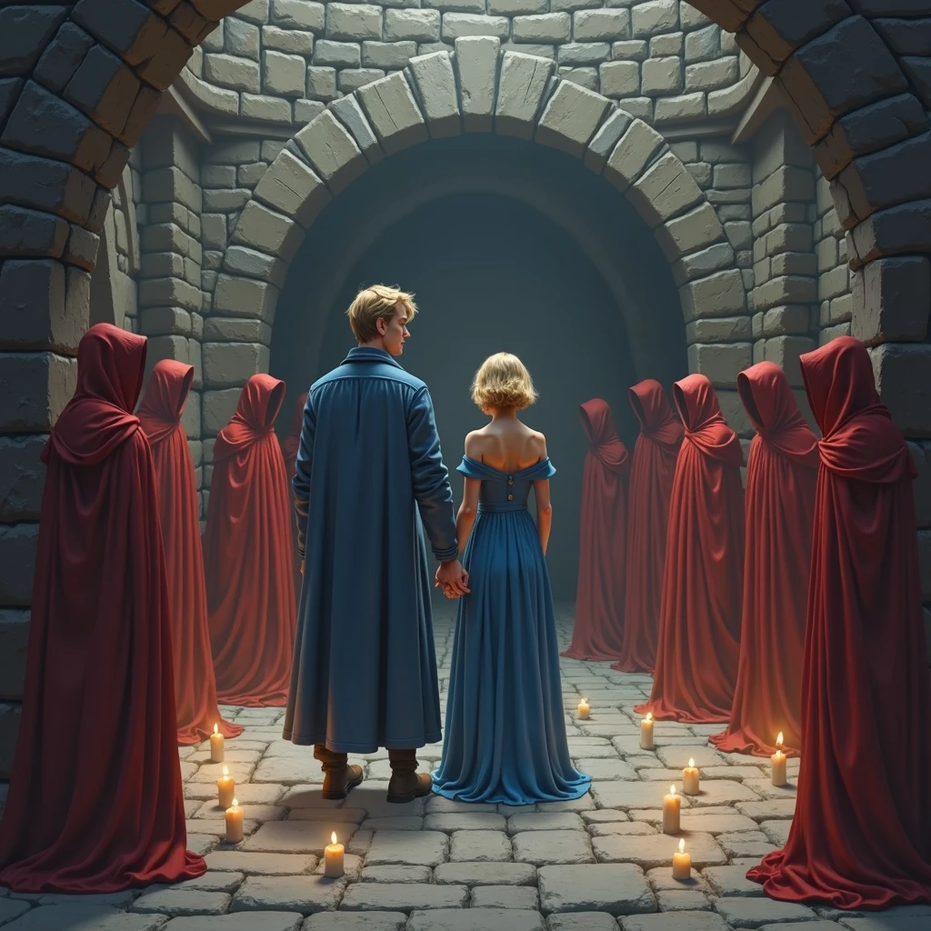 A guy and a girl are standing with their backs in the center of a round stone hall, candlelight . A girl with short golden hair in a long blue dress. The guy with the long blue robe, Chestnut colored hair. the guy holds the girl's hand. Nearby are figures in red cloaks with hoods pulled over their faces