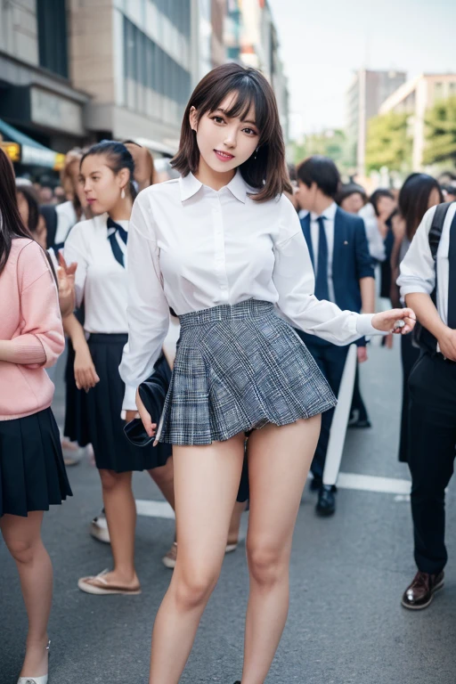 Highly detailed CG Unity 8k wallpaper, top quality, super detailed, masterpiece, realistic, photorealistic, very detailed cute girl, 20 years old, (skirt lift), (skirt lift), ((skirt lift by yourself)), black panties, panties focused, blush, parted lips, looking viewer, semi-body shot, wearing a ruffled shirt, (crowd), (crowd), dull bangs