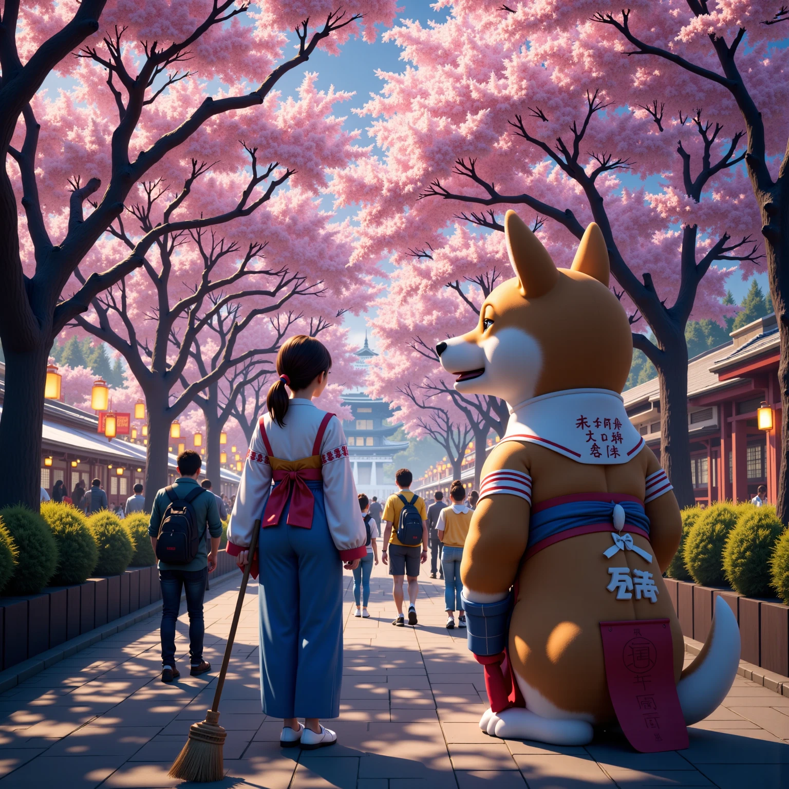 score_9 , score_8_up , score_7_up , score_6_up , score_5_up , score_4_up , source_realistic_pictures , Ultra-realistic , Photorealistic , Ultra-realistic , Photorealistic , Dramatic Scene , Global Illumination , At a Japanese shrine where the cherry blossoms are in full bloom, a huge Black soybean Shiba Inu wearing a shrine maiden's outfit looks up at the many cherry blossoms planted in the shrine while working part-time as a cleaner. It holds a bamboo broom in its front paws. Black soybean Shiba Inu can walk on two legs like humans and live like humans. / A cute 28-year-old Japanese woman with a ponytail is also wearing the same shrine maiden outfit as Black soybean Shiba Inu, and is enjoying cherry blossom viewing while looking at the cherry blossoms facing the same direction as Black soybean Shiba Inu. At a shrine where cherry blossoms are blooming at night, lanterns are hung from the cherry trees in full bloom, and the cherry trees are brightly lit up here and there. A night cherry blossom festival is being held at a Japanese shrine rich in nature. There are people taking part in festivals, people enjoying cherry blossom viewing, tourists admiring the cherry blossoms, and in the distance you can see cityscapes lined with lit windows.