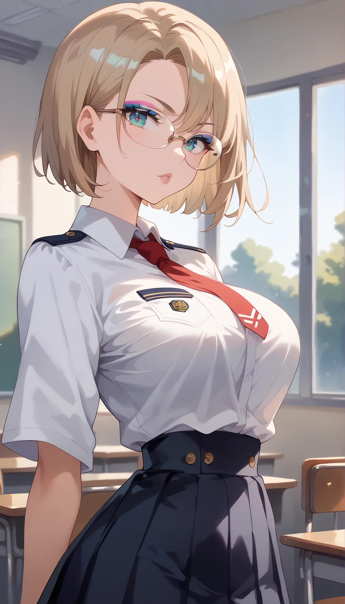 score_9, score_8_up, score_7_up, ((One Japan)), cute girls,  ( Japanese woman:1.2), (((uniform), (white shirt), (Navy Blue Pleated Skirt), miniskirt, (red tie from the side),   Perfect Female Shape , Perfection face, shiny pink lips, expressive eyes, eyeshadow, eyeliner, Natural Breasts, thin waist, (white skin), light brown hair, (((very short hair))), (((pixie cut))), (Overrimmed Glasses),   (stare at viewers with pretty big breasts,  bully,  green, Classroom, super high definition, masterpiece, accurate, anatomically correct, textured skin, super detail, Advanced Details, High Quality, 最High Quality,