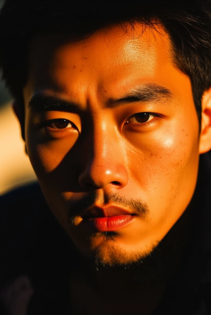 Asian man,Close-up: A man's skin glistens in the warm sunlight, with a focused gaze, and dramatic shadows highlight his facial features.