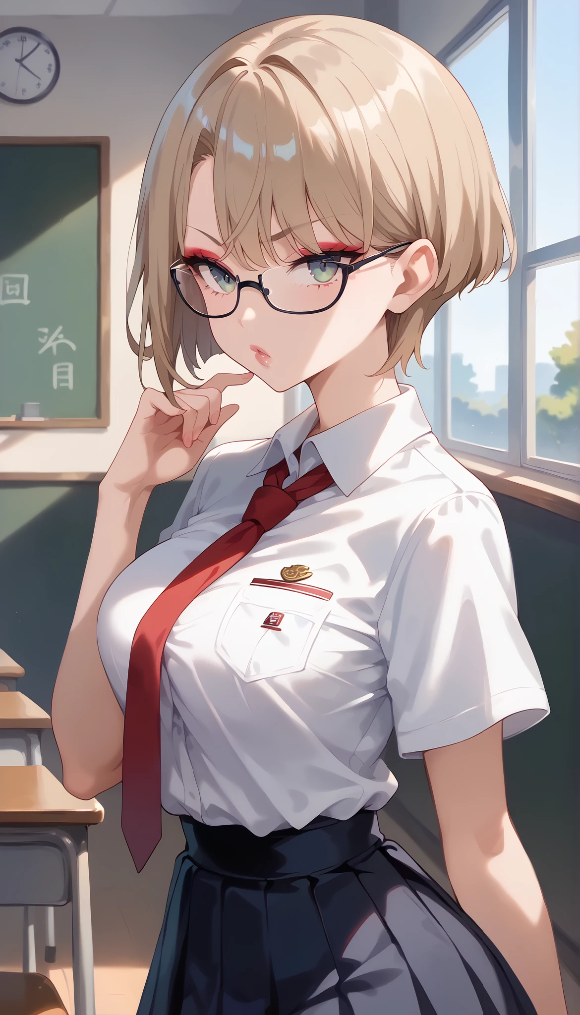 score_9, score_8_up, score_7_up, ((One Japan)), cute girls, ( Japanese woman:1.2), (((uniform), (white shirt), (Navy Blue Pleated Skirt), miniskirt, (red tie from the side), Perfect Female Shape , Perfection face, shiny pink lips, expressive eyes, eyeshadow, eyeliner, Natural Breasts, thin waist, (white skin), light brown hair, (((very short hair))), (((pixie cut))), (Overrimmed Glasses), (stare at viewers with pretty big breasts, bully, green, Classroom, super high definition, masterpiece, accurate, anatomically correct, textured skin, super detail, Advanced Details, High Quality, 最High Quality,