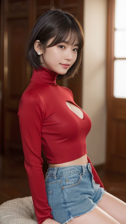 (8K, 超A high resolution,Ultra - High resolution、Raw photo、 highest quality, table top:1.5)、Japanese girl raw portrait、超A high resolution、highest quality、 (huge breasts、stick out one's chest:1.3)、{hide all breasts}{Pleated skirt in off-white:1.6}、(wearing a red sleeveless turtleneck:1.6))、((open your crotch:1.7)、(Dressing room:1.2) break (natural skin texture、fine skin、hyper realism、Super sharpness)、intricate details、Depth of the bounds written、sexy adult woman、black hair short cut、tight buttockasterpiece、highest quality、high detail))、(Photoreal:1.4)、alone、close your mouth、smile happily、Big eyes、Clear double eyelids、eyelash、long neck、Absolute area、beautiful clavicle、perfect face、thin lips、small face、(look at the viewer、eye highlights、light brown eyes、lip gloss)、(From the side:1.2)