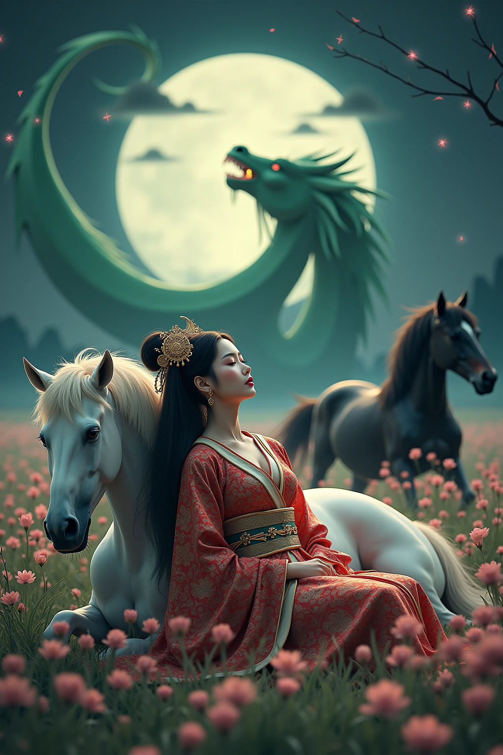 Benzaiten wears a beautiful, cute, and gorgeous traditional Japanese dazzling, glittering kimono yukata, and cleavage can be seen from her chest、Long black hair is loosely gathered and a large gold hair ornament symbolizing Benzaiten is worn on the head。In the midst of nature where cherry blossoms are in full bloom at night、白馬も体を休めFlower Fieldに座りその横に美しい弁財天が静かに白馬によりかかり目を瞑り休んでいる。A black horse follows in the background、空にはgod秘的な緑の龍godが舞いながら弁財天を見守っている。in a realistic photo style、natural moonlight、Swaying cherry blossoms，Flower Field、 beautiful kimono、god秘的な雰囲気を強調。god々Realistically express the strong presence。Real photos that look like live action