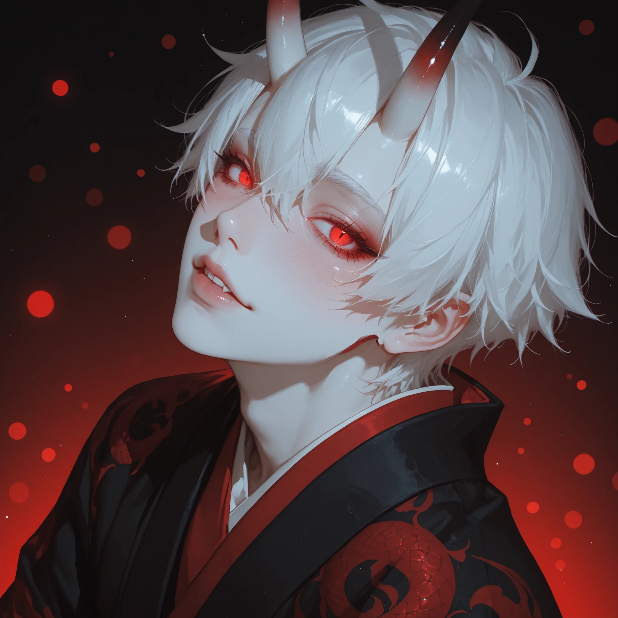 1boy,18,pale_skin,slender face,white hair,blush,long_eyelashes,oni_horns,thick eyebrows,short eyebrows,red eyes,hair_over_one_eye,slanted_eyes,glowing eyes,slit pupils, black and red kimono withsnake_print on kimono, fluffy black details,tabi,short hair,kimono,,standing,emotions:,naughty_face,, background:,wide_shot,,depth of field,lens_flare,bokeh,chromatic_aberration,contour_deepening,Cirrocumulus,close-up,solo_focus,face_focus,looking_at_viewer,head_tilt,sideways_glance,